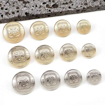 Speckled metal shank buttons set, gold and silver round designs with embossed details