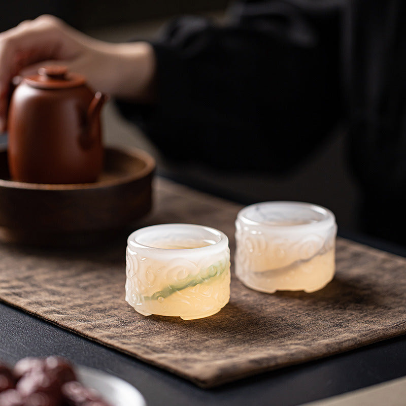 50ml Liuli Art Glass Tea Cup Set of 4 | Ink Splash Auspicious Cloud Design
