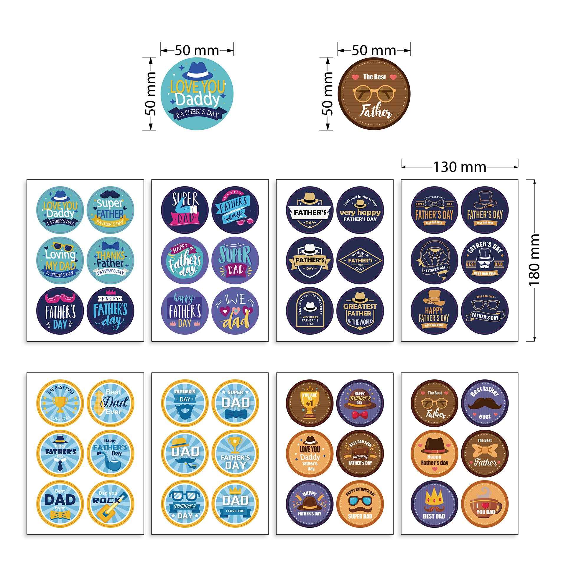 96pcs Father‘s Day Stickers 2 inch Large Round Labels