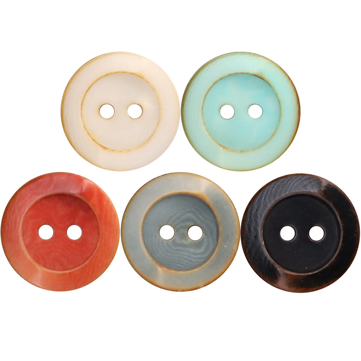 Round 2-hole palm nut buttons set in off-white, teal, red, gray, and black