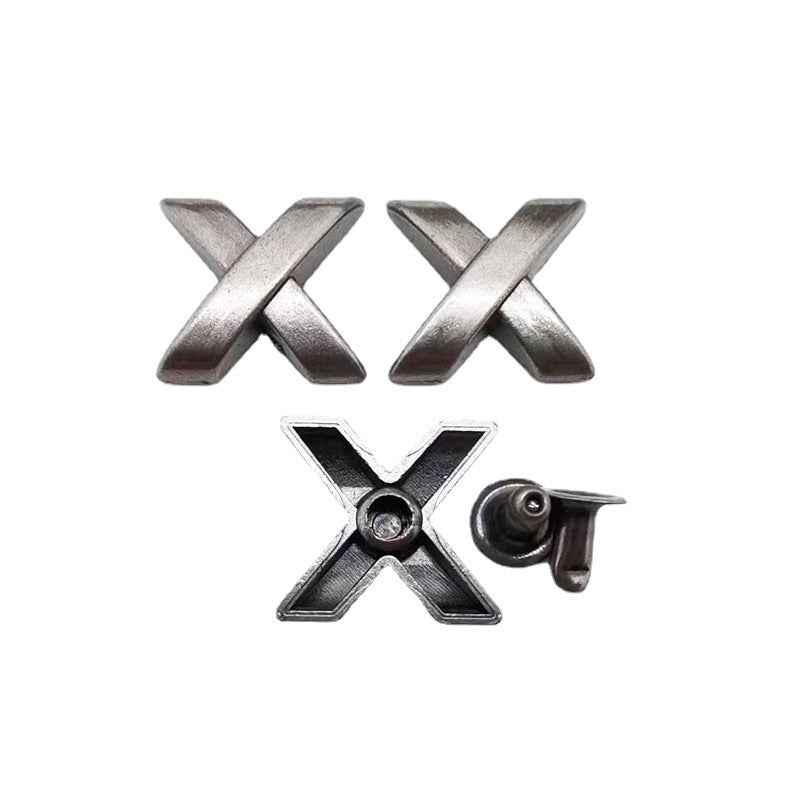 Antique silver X-shaped rivet stud, front face and back post shown