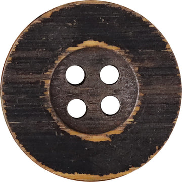 Round black distressed wood button with four holes, vintage style.