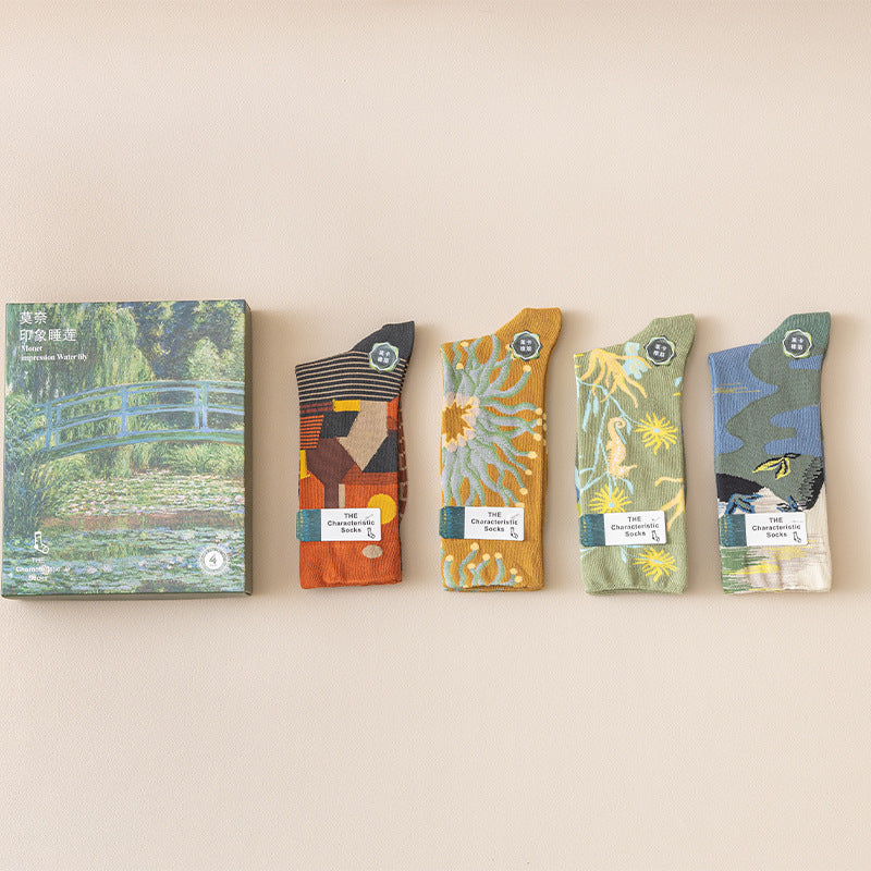 Monet-style cotton socks 4-pack: striped dark, mustard floral, light teal botanical, green-blue