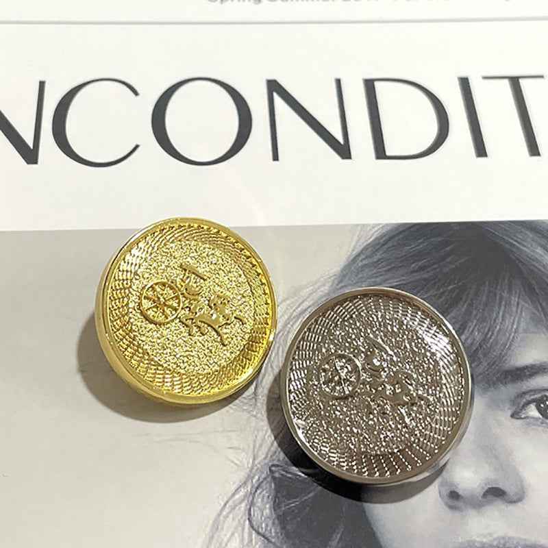 Carriage metal shank buttons, round, gold and silver tones (2 shown)