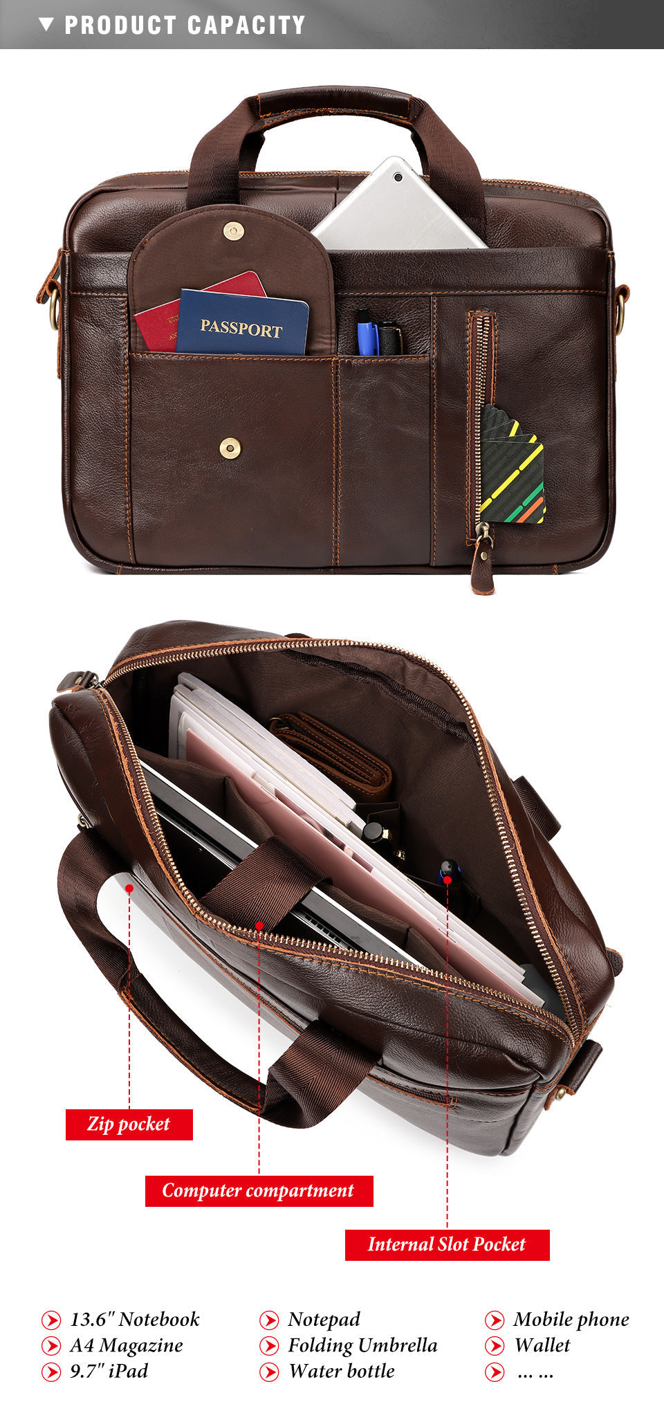 Men's Genuine Leather Briefcase,Top Grain Cowhide Laptop Bag