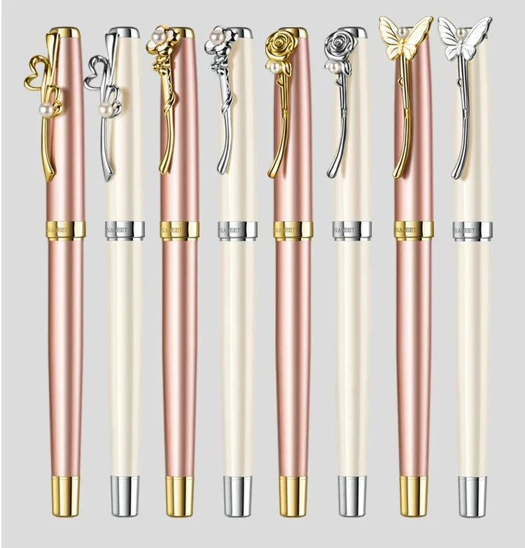 GNASEET Metal Rollerball Pen Gift Set for Women – Gold & White Barrel | Heart / Clover / Butterfly / Rose Clip