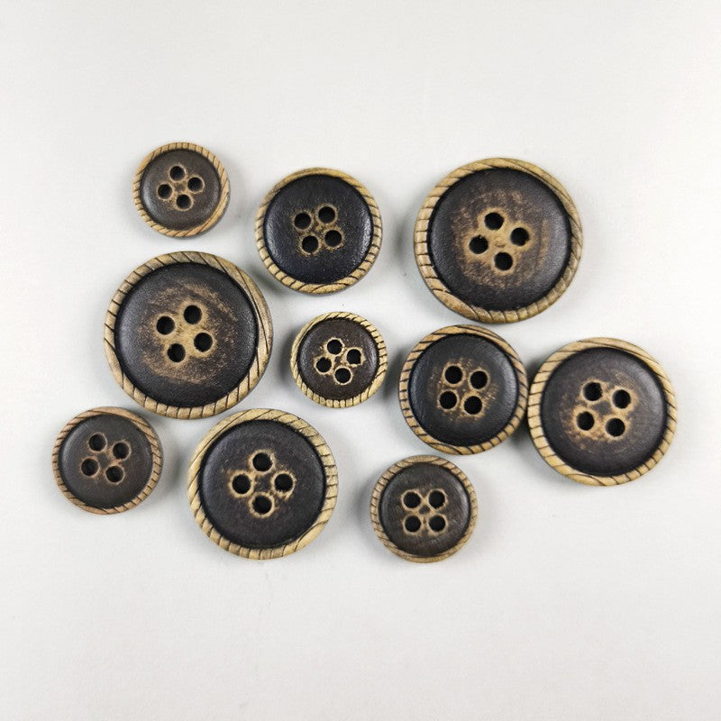 Round 4-hole dark brown buttons with tan stitched edges, small set