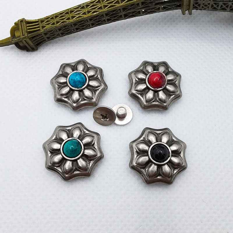 Floral turquoise screw stud rivets, antique silver alloy, with bases (20-pack)