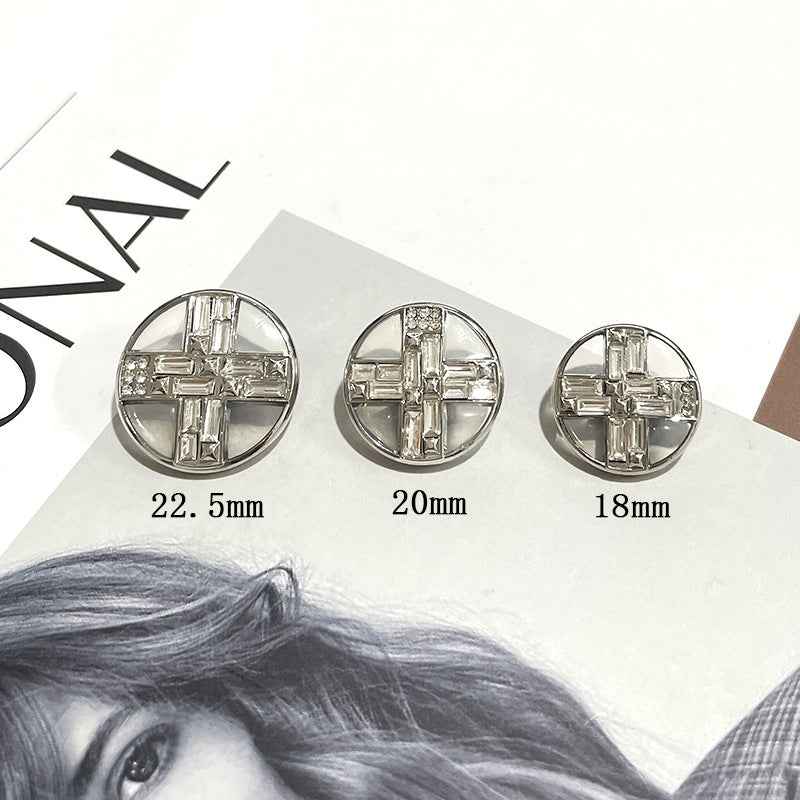 Three silver cross rhinestone buttons with sizes 22.5mm, 20mm, 18mm
