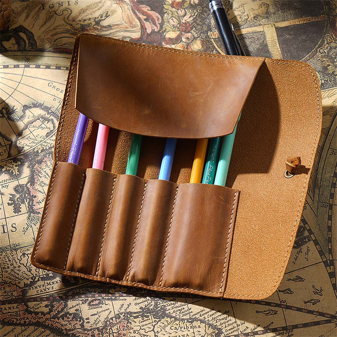 Handmade Genuine Leather Pen Roll Pencil Case Wrap Black