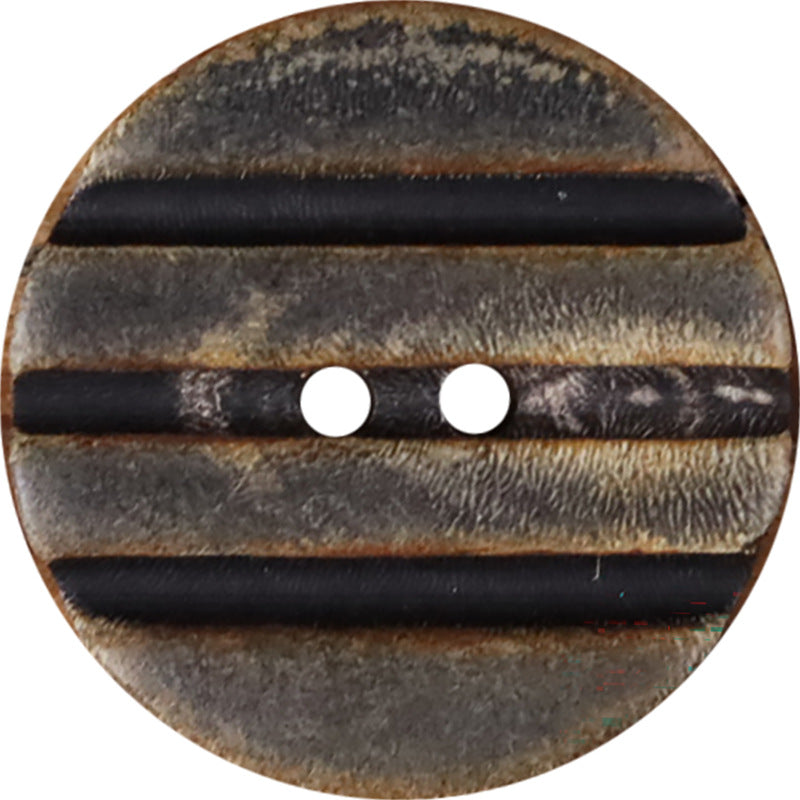 Grooved round horn-look button with two holes, dark striped band detail