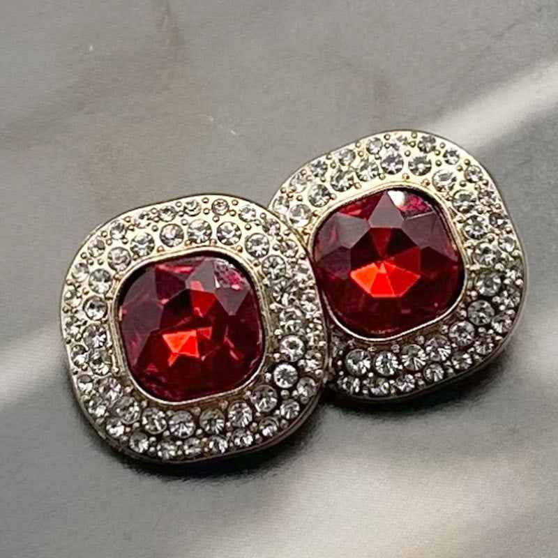 Gem-studded shank buttons with red faceted square-cut gems in silver-tone round settings (2 pcs)