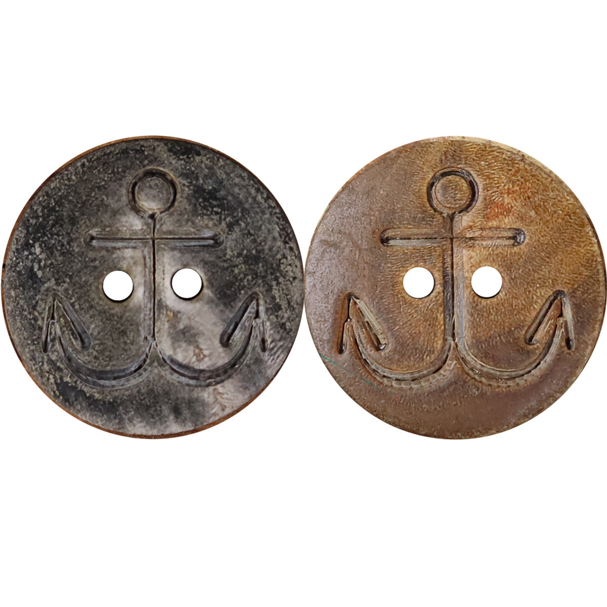 Set of two anchor buffalo horn buttons, dark gray and medium brown, each with four holes
