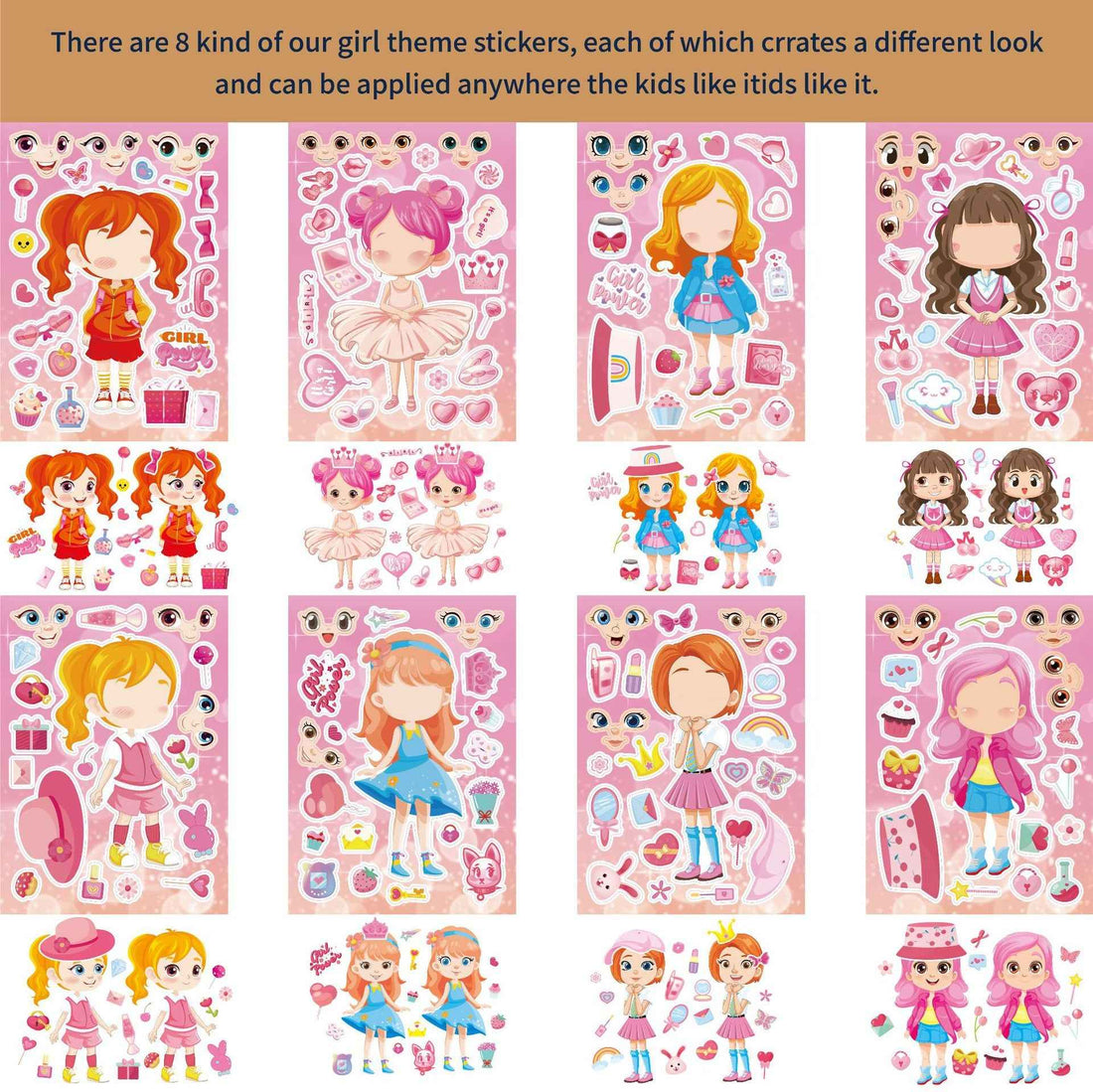 Make a Face Pink Girls Stickers for Kids 24 Sheets