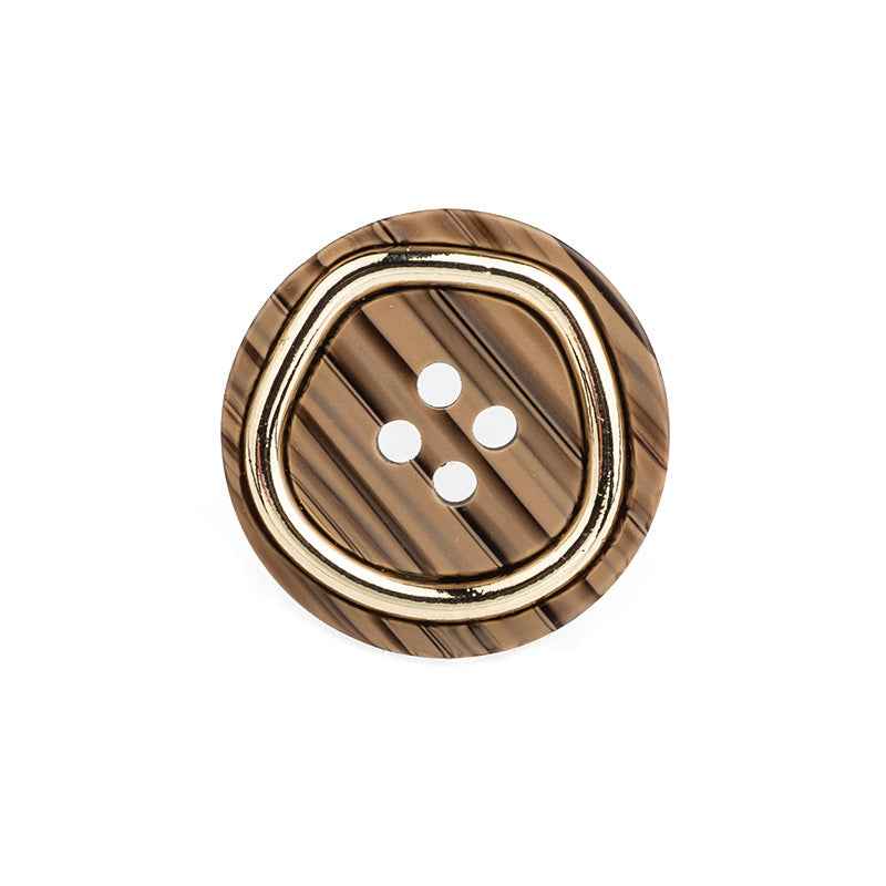 Brown 4-hole metal-resin suit button, gold rim, four stitch holes
