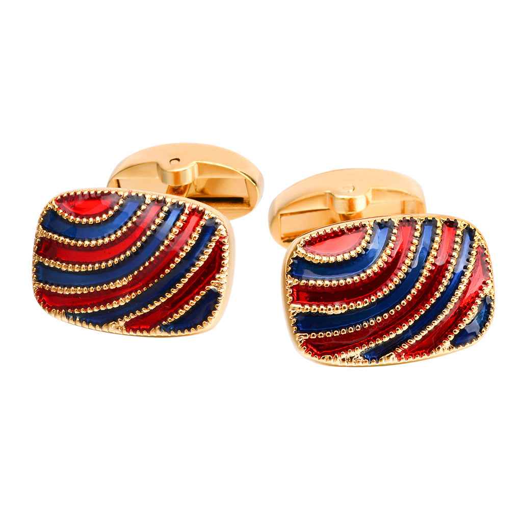 Gold oval cuff links with red and blue drip stripe enamel design