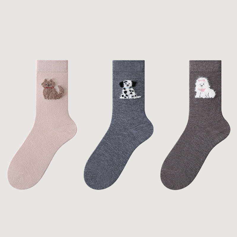 Cute Dog Cartoon Crew Socks for Women – 3-Pair Set