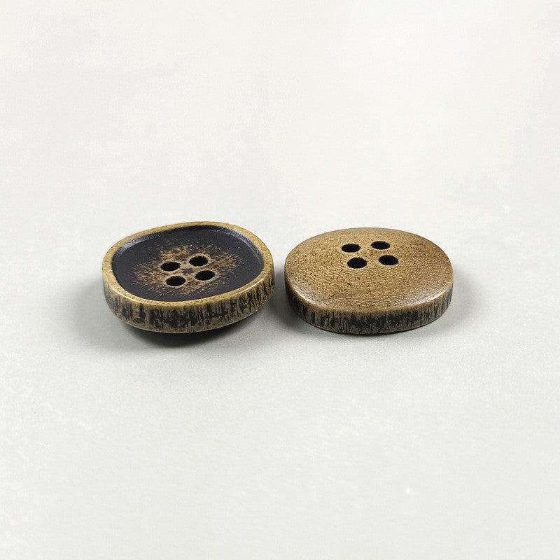 Assorted round four-hole wood buttons, dark and tan finishes