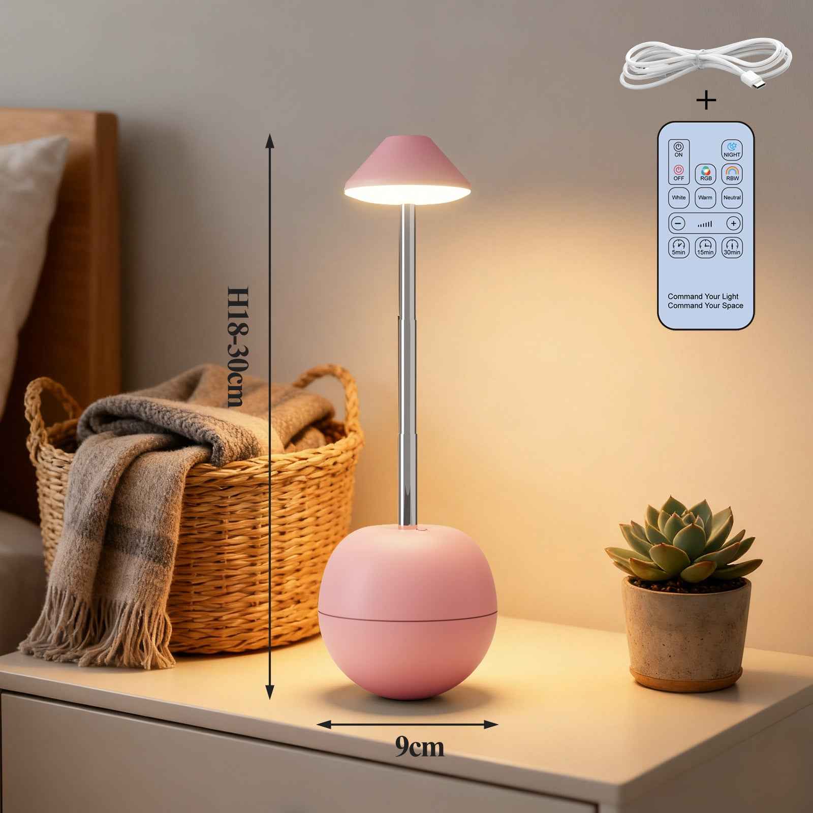 LED Night Light Rechargeable with Remote Telescopic Stem Wobble Base Pink