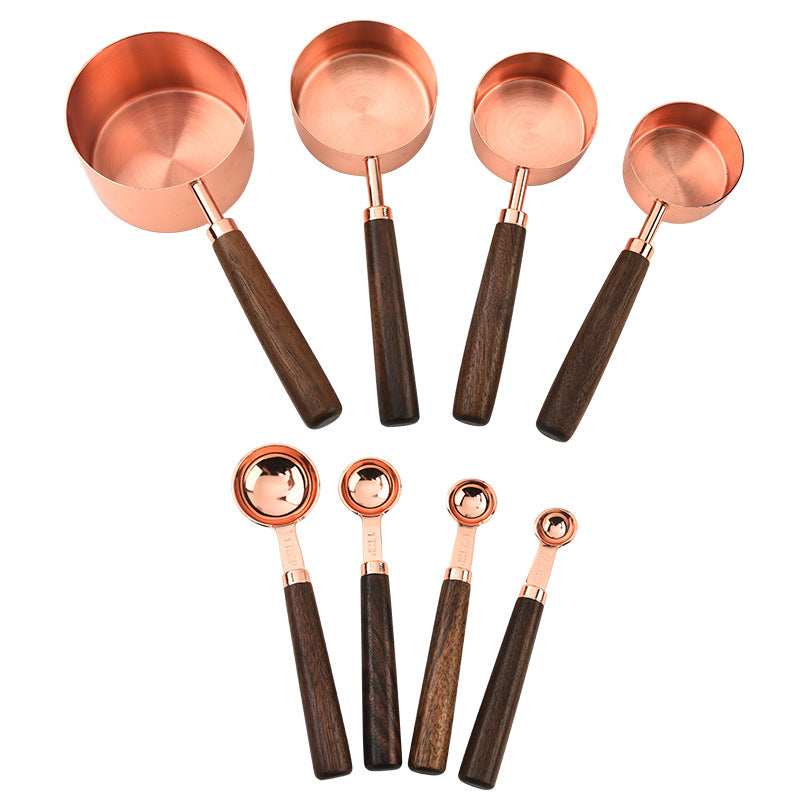Walnut & Rose Gold Stainless Steel Measuring Cups & Spoons – 8-Piece