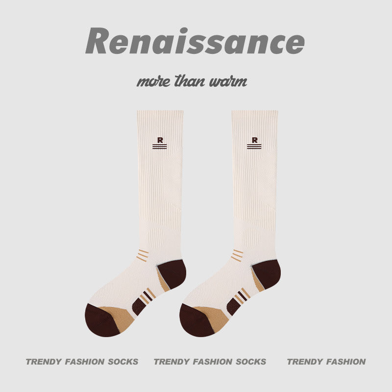 Thin Compression Running Socks for Women, beige/cream with brown toe and striped heel detail