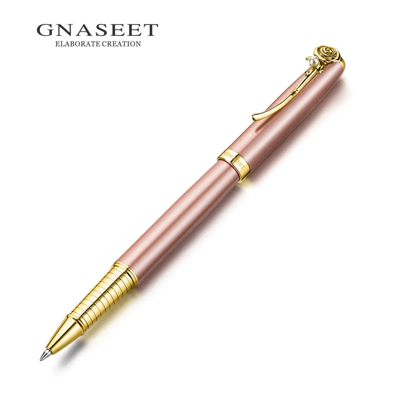 GNASEET Metal Rollerball Pen Gift Set for Women – Gold & White Barrel | Heart / Clover / Butterfly / Rose Clip Gold Rose