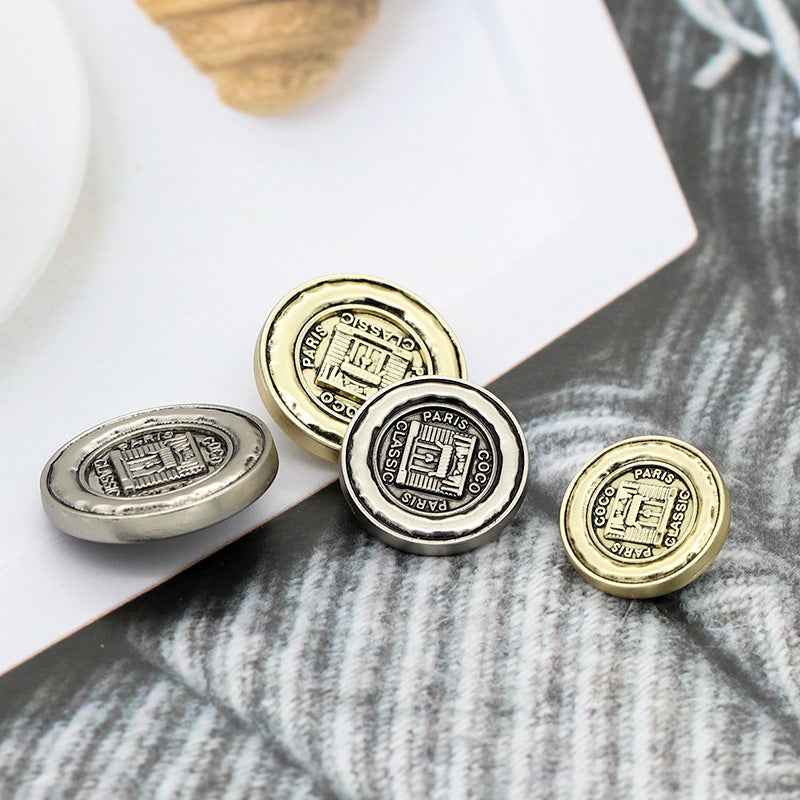Assorted metal shank buttons, Light Silver and Light Gold, frosted Paris “CLASSIC” front