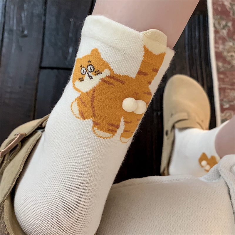 Cartoon Egg Cat Funny Crew Socks | Cute Animal Cotton Mid-Calf Socks for Women | 3-Pack (White/Grey/Black)