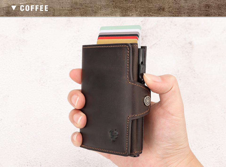 Waxed Leather Wallet Coin Purse,Auto-Eject RFID Metal Card Case