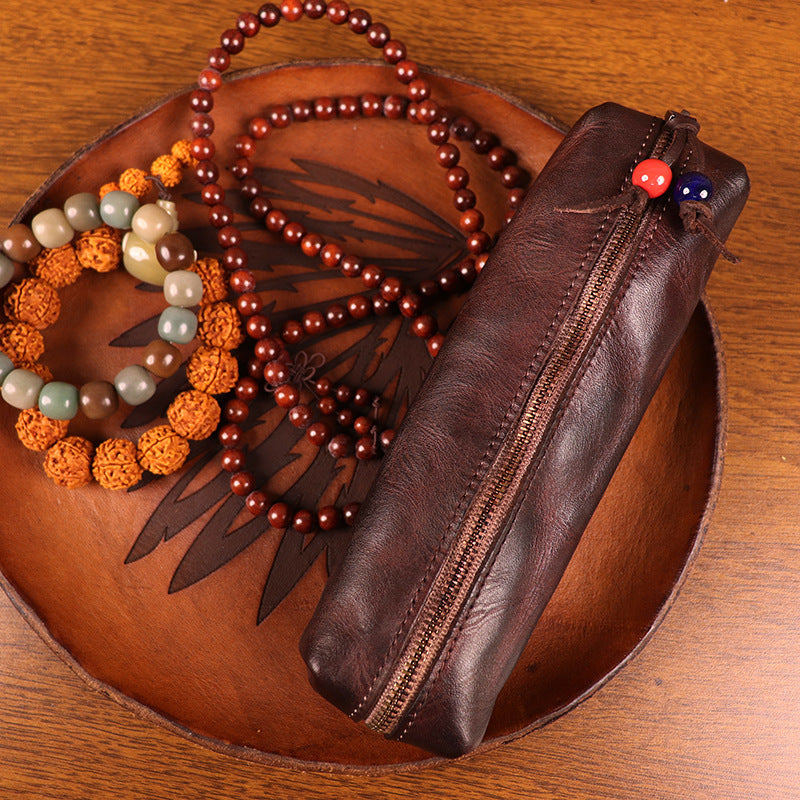 Handmade Vegetable-Tanned Leather Zip Pouch Vintage Distressed Finish Coffee