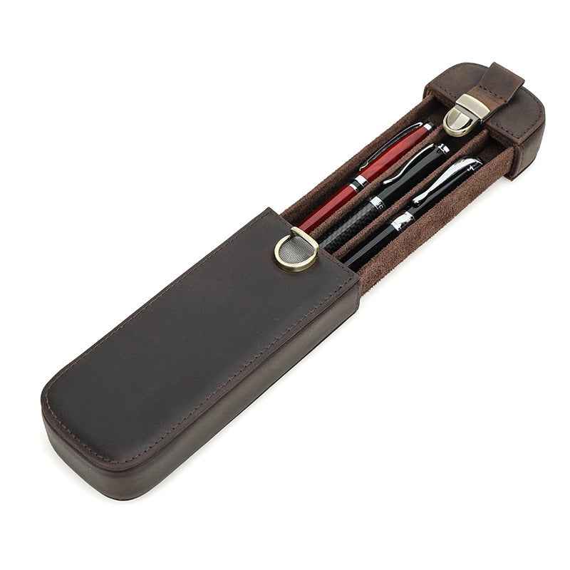 Leather 3-Fountain Pen Case Handmade Slide-Out Box with Clasp Closure