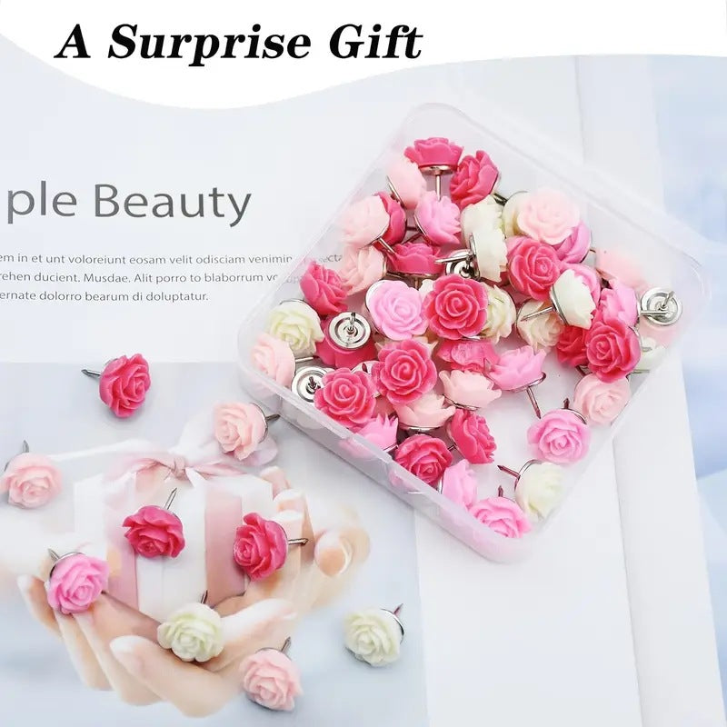 60Pcs White Cream Pink Rose Flower Push Pin for Bulletin Board