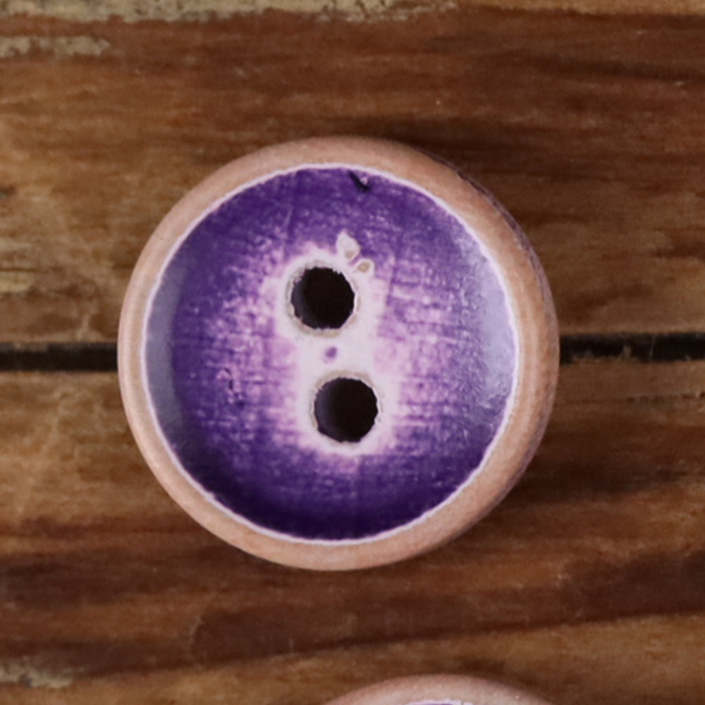 Round iridescent wood button, purple iridescent finish, two holes