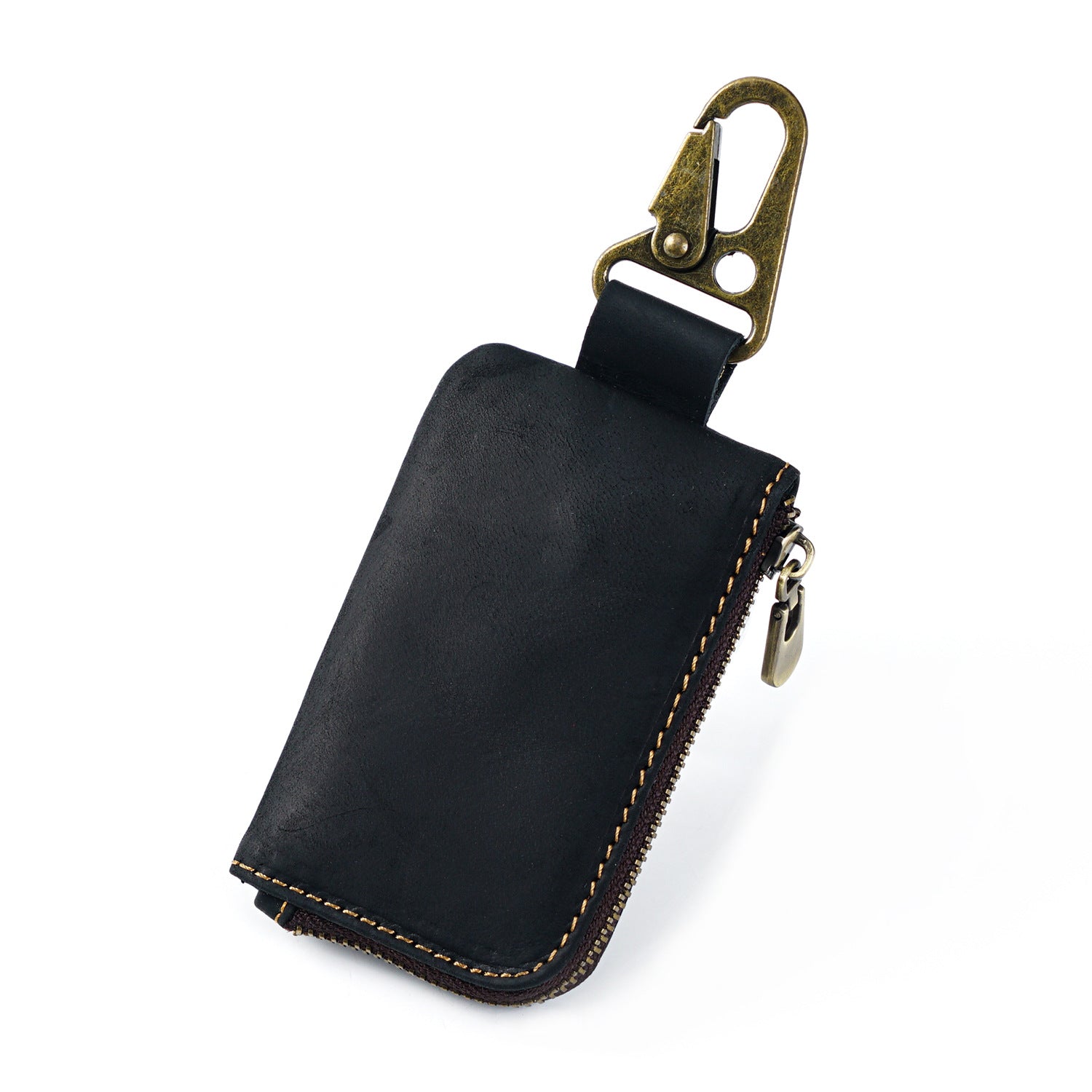 Leather Mini Coin Pouch with Keychain - Men's Belt Clip Zipper Pouch Black