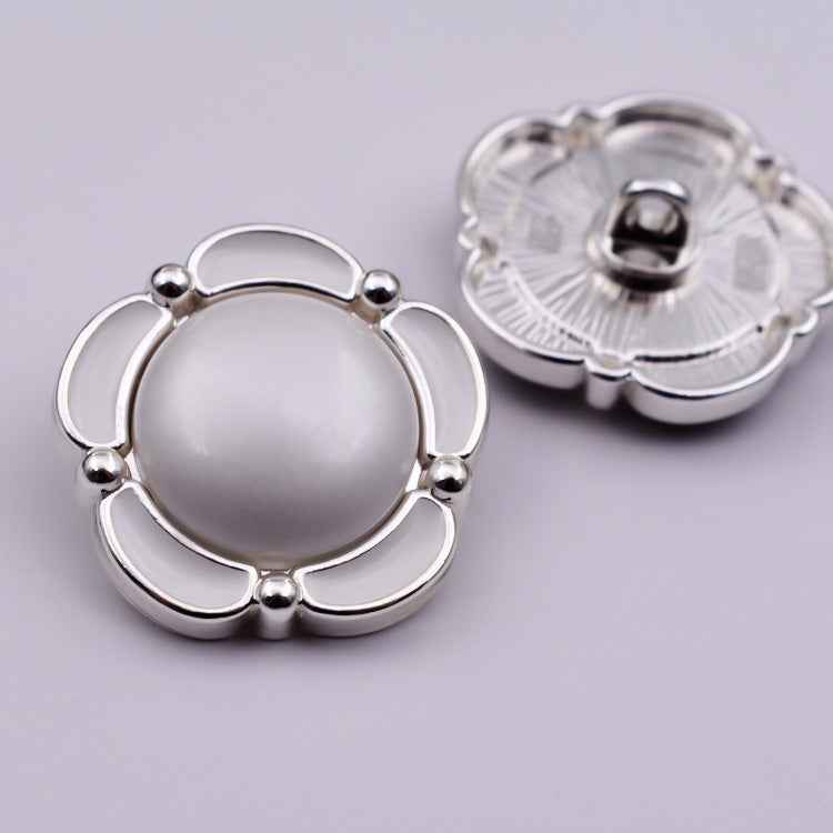 Round shank buttons, floral lace style, white enamel, silver tone