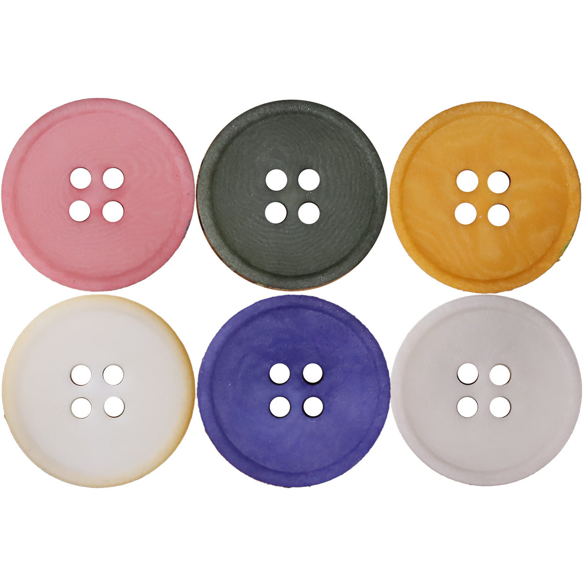 Assorted round 4-hole matte buttons: pink, dark green, orange, white, purple, light gray