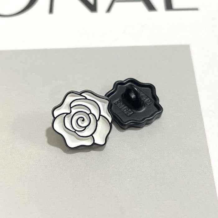 12mm vintage camellia button set: front white/black design and dark metal back
