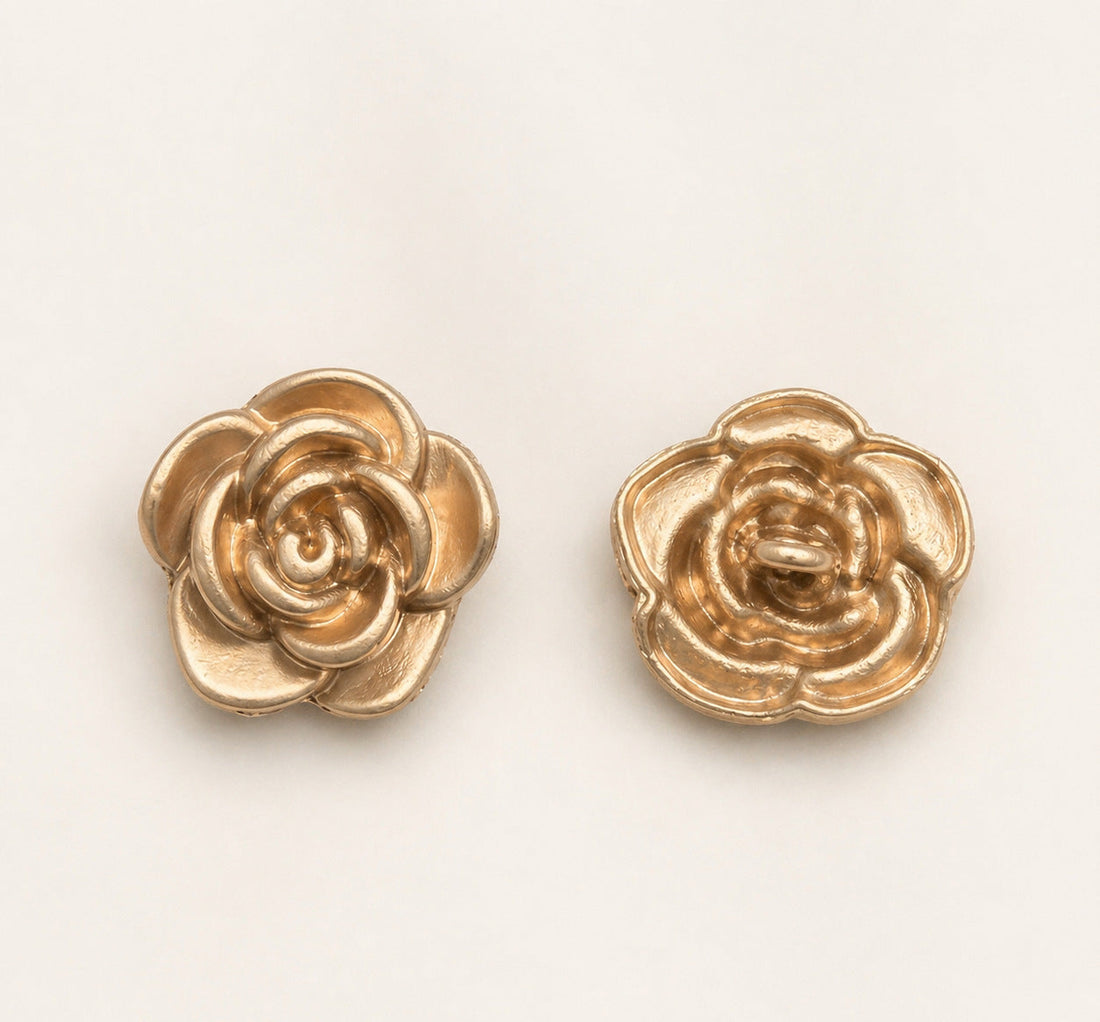 Metal rose-flower shank button, sand gold finish