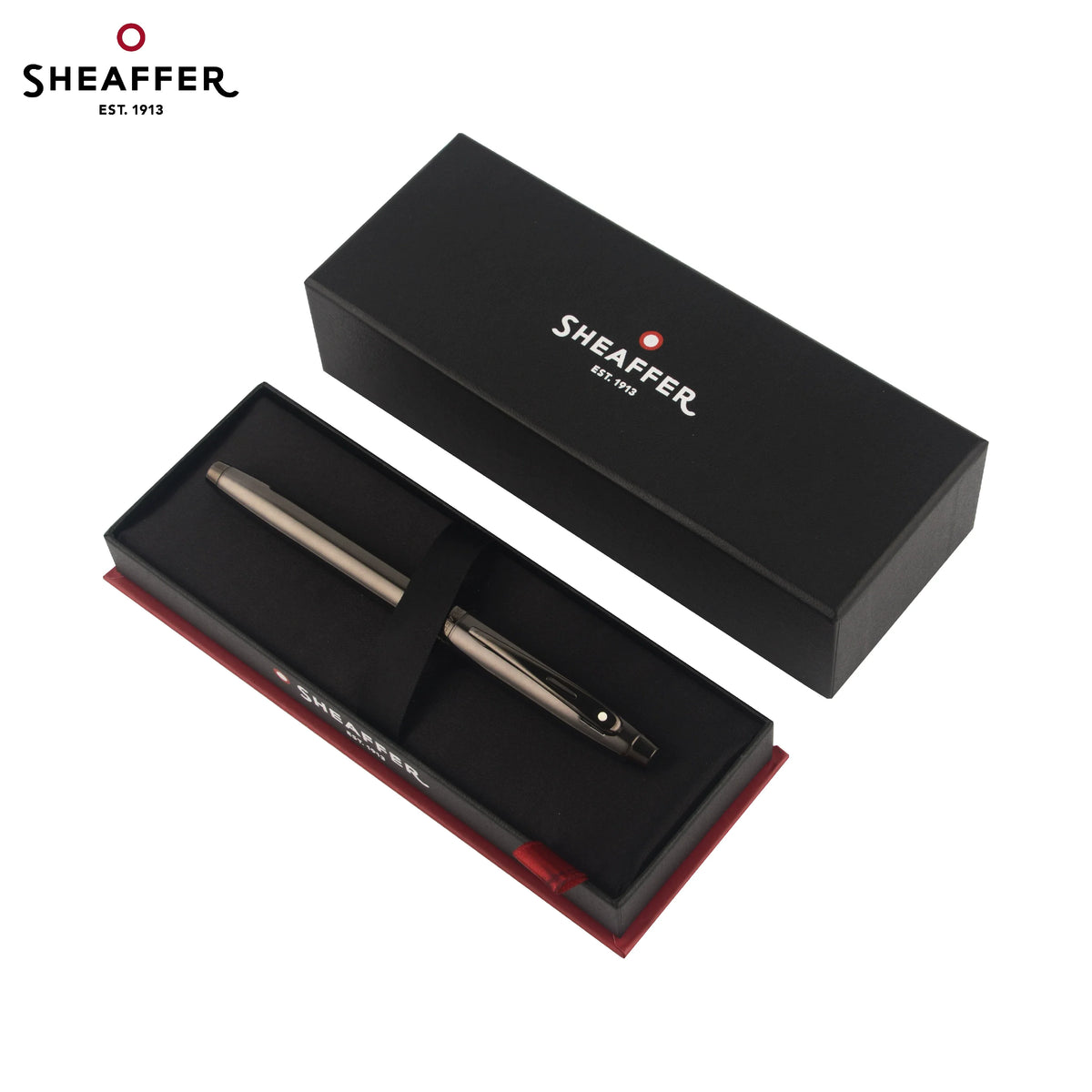 Sheaffer 100 Fountain Pen – Fine Nib (~0.5mm), Gold Clip | Polished Chrome / Black Lacquer / Dark Blue-Grey Dark Blue-Grey