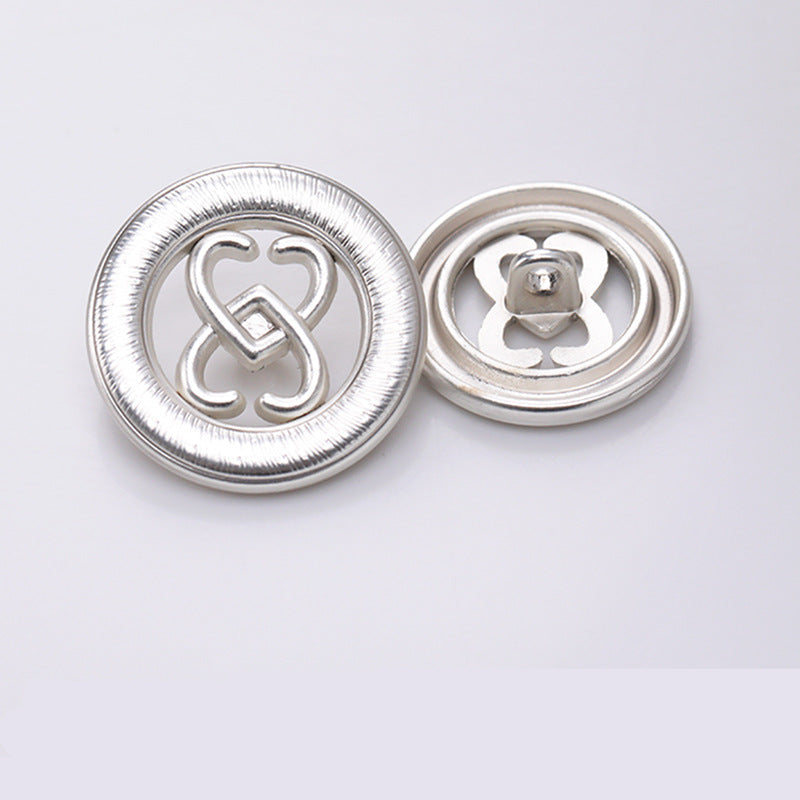Silver round double-heart hollow cutout metal shank button, front and back view