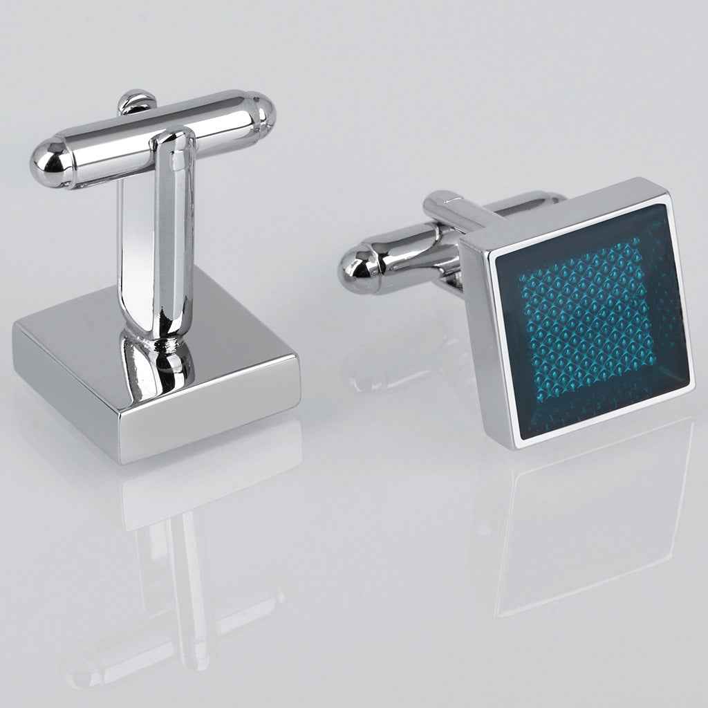 Pair of square blue resin cufflinks with chrome bars and silver edging