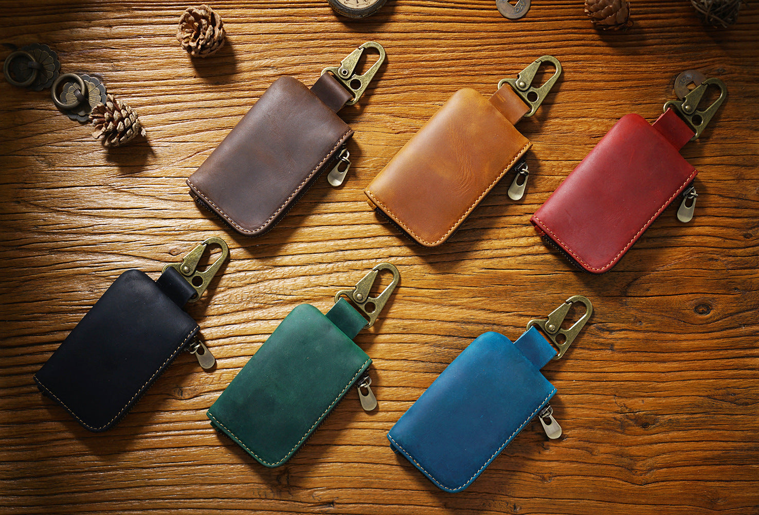 Leather Mini Coin Pouch with Keychain - Men's Belt Clip Zipper Pouch