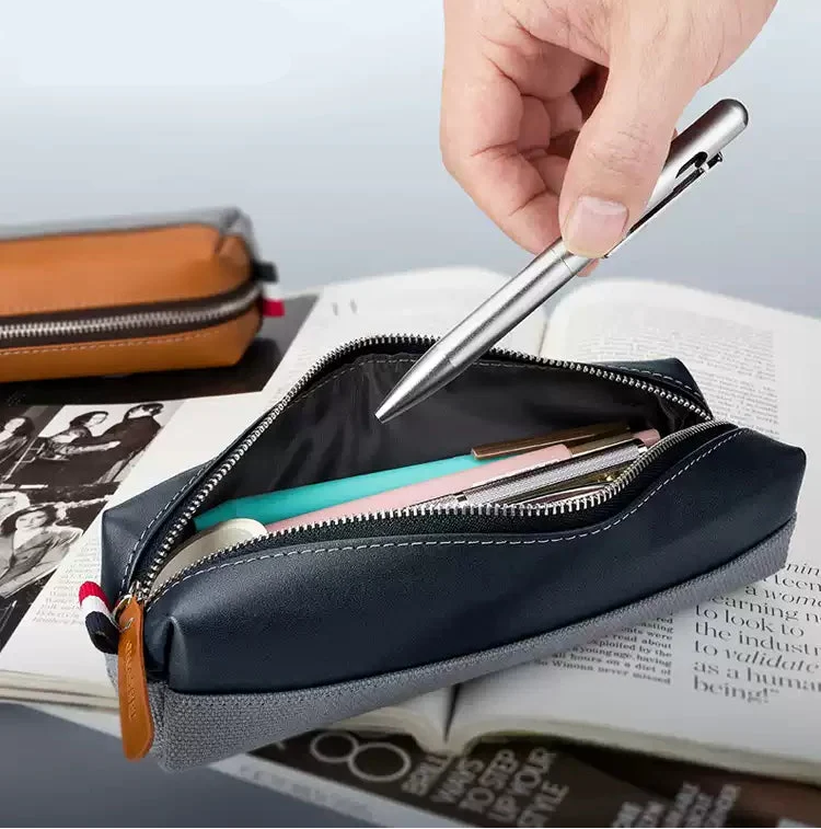 GNASEET Genuine Leather & Canvas Pencil Case – Large Capacity 20-Pen Student Stationery Pouch | 200x48x55mm