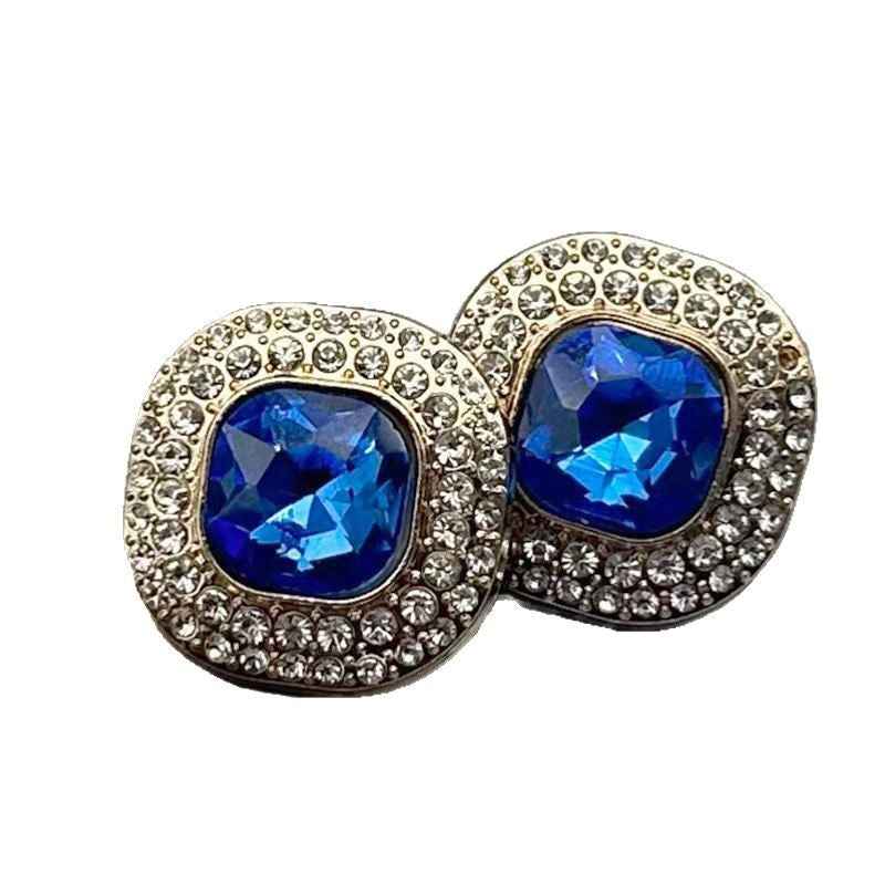 Gem-studded shank buttons with blue square-cut gems in silver-tone round settings (2 pcs)