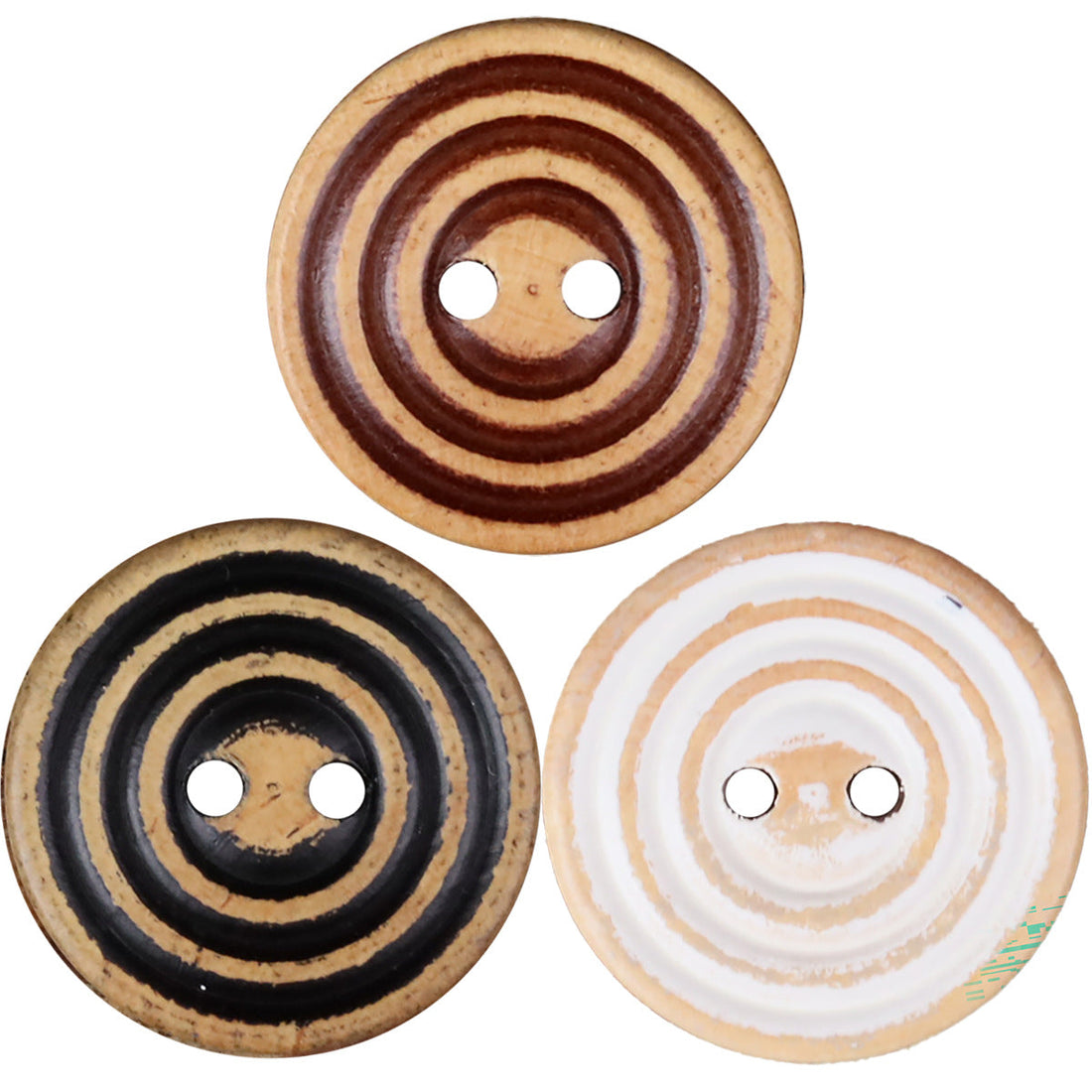 Round 2-hole double-ring wood buttons, brown/black/white (3 pcs)
