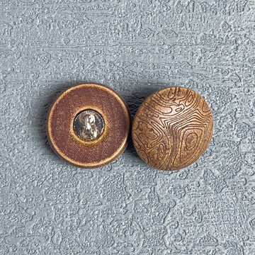Round wood shank button with dark coffee rim, metal shank, carved mushroom grain