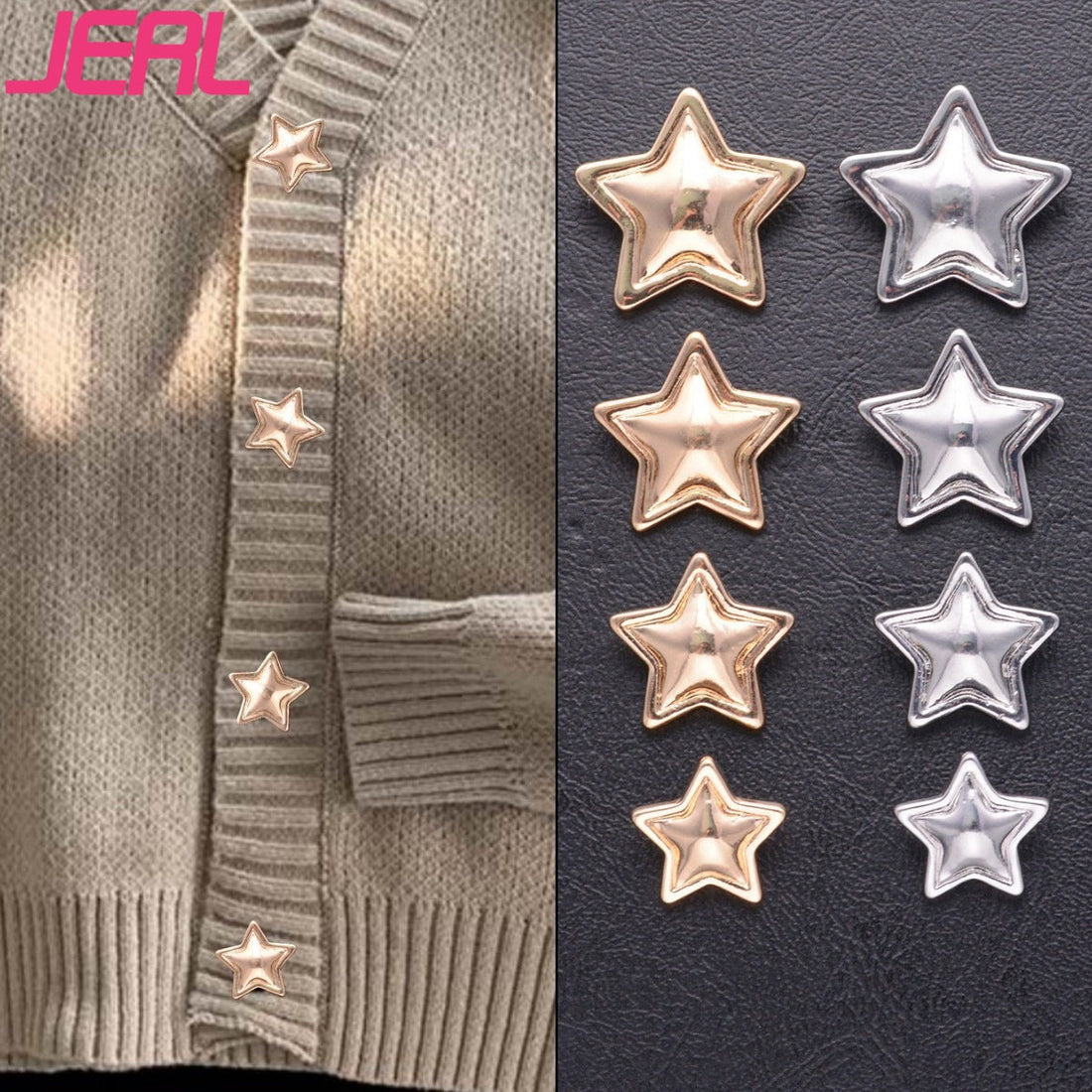 Star-shaped metal shank buttons, gold & silver, on fabric strip; 20-pack