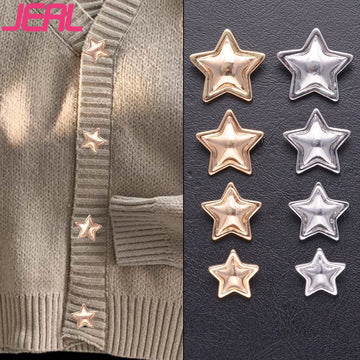 Star-shaped metal shank buttons, gold & silver, on fabric strip; 20-pack