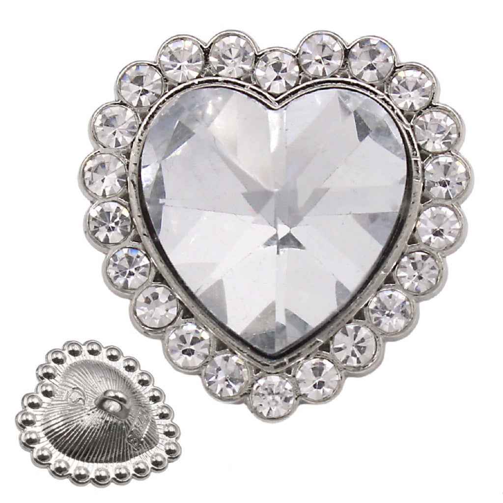 Heart-shaped rhinestone sewing button, dark crystal center with silver-toned border