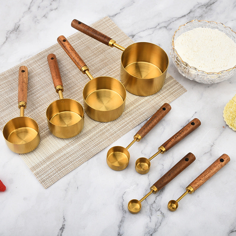 Walnut & Rose Gold Stainless Steel Measuring Cups & Spoons – 8-Piece